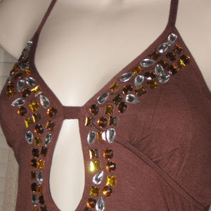 YAG Jewelled Brown Key Hole Design Tank Top L NWT